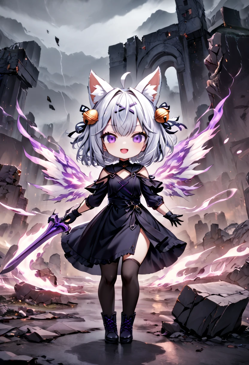 master piece, best quality, ultra-detailed, illustration, midnight, battlefield, gloomy atmosphere, broken walls, ruins, purple flames, 1girl, solo, chibi, (big head), cute pose, front view, looking at viewer, (full body Close up:1.5), filian, filianoverall, Filiansailor, ((white hair)) , short hair, shoulder length hair, fly-away hair, bangs, hairclip, purple hair ornament, cat ears, (hair bell:1.3) ahoge, purple eyes, open mouth, smiling, (flaming wings:1.3), (white fluffy fox tail), (black tattered robe), long gown, black arm sleeves, black gloves, wielding heavy sword, black stockings, black boots