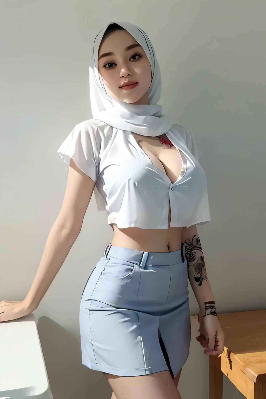(2girls:1.1), (family, (mother and mother) on a date:1.15), muslim, RAW, Best quality, high resolution, masterpiece: 1.3), (wear:white hijab: 1.3), hijabi, Masterpiece, (Huge breasts), (gigantic breasts), (massive breasts), (large full breasts, Loose button-shirt naked with visible breasts (deep cleavage)), beutiful face, detail face, big gorgeous eyes, smile, (girl in sexy school suit), (wear: see-through open  button shirt short sleeve, (shirt naked), croptop, underboobs, wearing a sexy (deep cleavage): 1.3), (off-bra), (wear: see-through short skirt (mini-skirt), slit Skirt) (breasts-tattoos), (background: teacher class  room:1.1), Excellent lighting, Bright colors, Clean lines, tattoo, (irezumi Tattoo), (tattoos), TATTOO