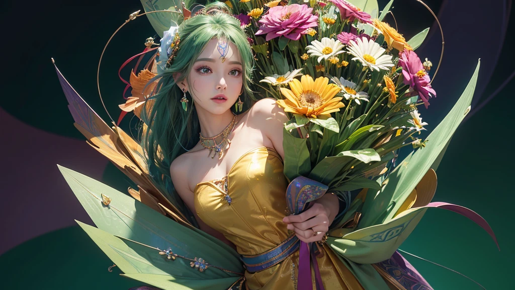32K, 最高quality, 最高masterpiece, (ultra-Detailed Background, Detailed Background), High resolution, Super detailed, Very detailedな, One girl, (bouquet:1.3), (Tangled:1.2), (Geometric:1.2),(colorful),(masterpiece, quality, best quality, Official Art, Beautiful and beautiful:1.2), (1 girl:1.3), Very detailed,(colorful:1.1)(Flowers:1.3),Most detailed,(Tangled:1.2), whole body, (Abstract background:1.3), (Skin glows), (Many colors:1.4), ,(Earrings Jewelry:1.5), Light green background,