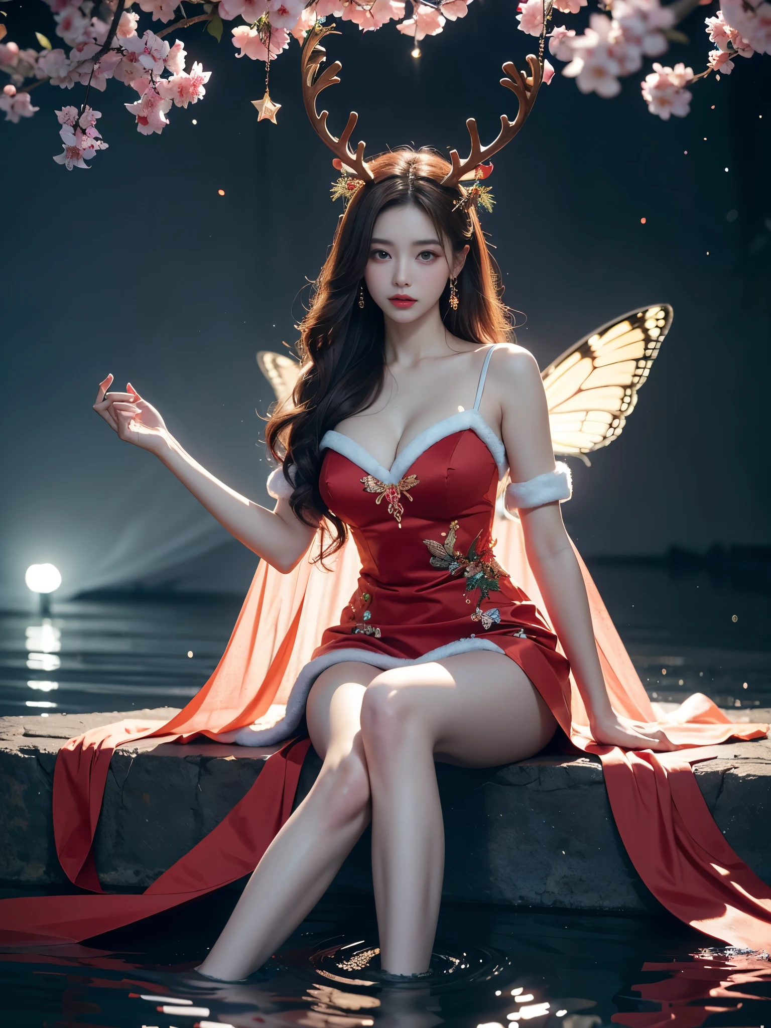 wrenchsjoyfuljingle
gown, reindeer antlers, red dress
jewelry, christmas lights, Christmas wreath graceful dance dynamics, Long legs , Water play, Sitting,Sitting in the pond,play, ((Flowing long hair))Official Art , Unity8k Wallpaper , Extremely detailed , Visible cleavage, Pretty and beautiful , Sexy long legs, masterpiece , best quality ,Practical, Very detailed illustrations ,Extremely detailed , Intricate details , Extremely complex and detailed , Very detailed 8KCG wallpaper , Caustics .reflection , Ray Tracing , Devil Theme ,nebula ,Dark aura, Network Effects , (1 Girl)Solitary , 小蓝Butterfly , Dozens of monarch butterflies around , (Blue plasma flame , (insect , Butterfly)) 圣光Butterfly天使 , Butterfly翅膀 , Pastel tones in Rococo style ,Light white and light dark red , Incredibly beautiful , Cherry blossoms , Surrealism ,painting , Ethereal , Mixing reality and fantasy elements ,Ray Tracing , Complex patterns , Delicate lines , Perfect your hands, Starry Sky , rich and colorful , Star