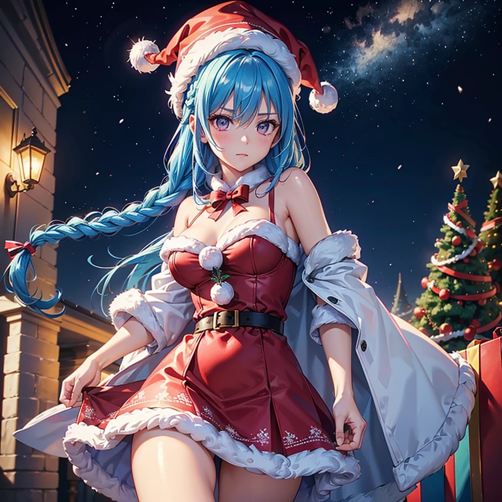 (Sky blue hair),(Braided Hair), (Pink Eyes),Fair skin) ,(whole body),(One Girl),(Gift boxes filling the background),(Santa Claus clothes),Santa Claus hat,(Christmas Party),(masterpiece, Highest quality, Very detailed, Best Shadow), (Detailed Background), (Beautifully detailed face), High Contrast, (Best lighting, Very delicate and beautiful), ((Cinematic Light)), Hyper Detail,8k, Dramatic Light, Intricate details,night,The background is a Western-style castle