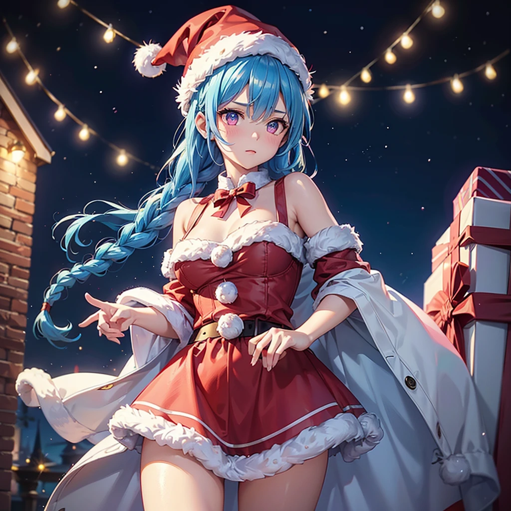 (Sky blue hair),(Braided Hair), (Pink Eyes),Fair skin) ,(whole body),(One Girl),(Gift boxes filling the background),(Santa Claus clothes),Santa Claus hat,(Christmas Party),(masterpiece, Highest quality, Very detailed, Best Shadow), (Detailed Background), (Beautifully detailed face), High Contrast, (Best lighting, Very delicate and beautiful), ((Cinematic Light)), Hyper Detail,8k, Dramatic Light, Intricate details,night,The background is a Western-style castle