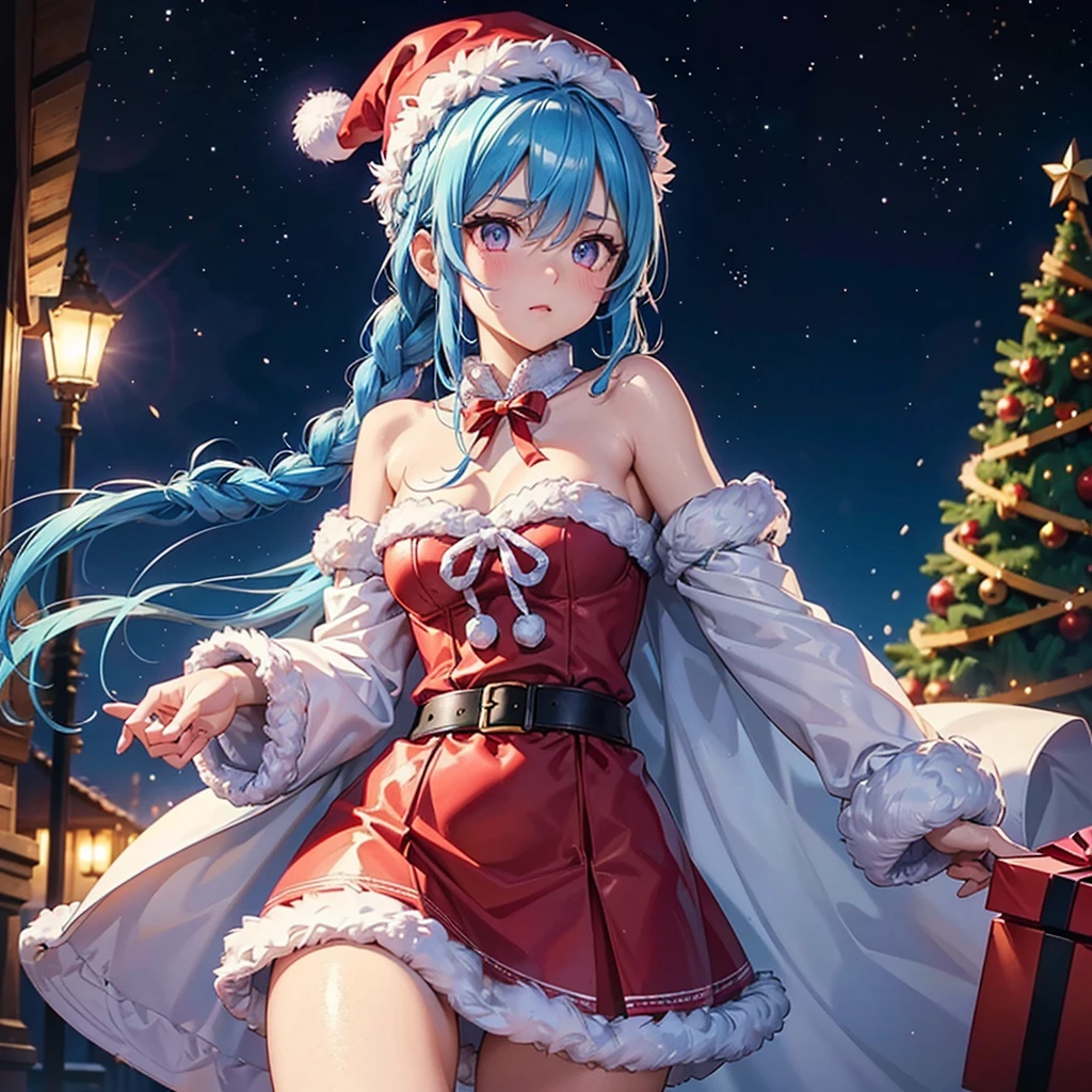 (Sky blue hair),(Braided Hair), (Pink Eyes),Fair skin) ,(whole body),(One Girl),(Gift boxes filling the background),(Santa Claus clothes),Santa Claus hat,(Christmas Party),(masterpiece, Highest quality, Very detailed, Best Shadow), (Detailed Background), (Beautifully detailed face), High Contrast, (Best lighting, Very delicate and beautiful), ((Cinematic Light)), Hyper Detail,8k, Dramatic Light, Intricate details,night,The background is a Western-style castle