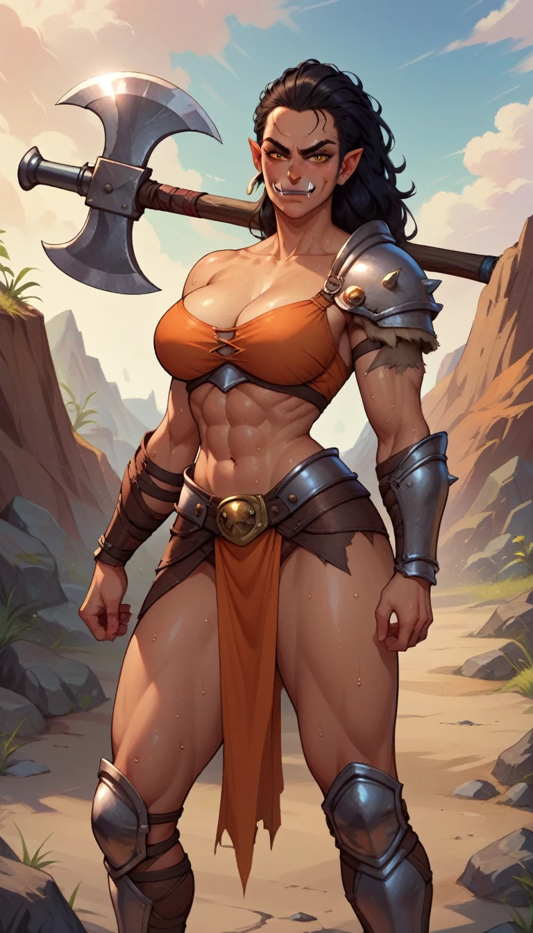 core_9, score_8_up, score_7_up, score_6_up, BREAK 1woman, Troll female, big breasts, wearing barbarian armor, in a rocky orange desert terrain, smirking, sweating, holding axe, black hair, tusks