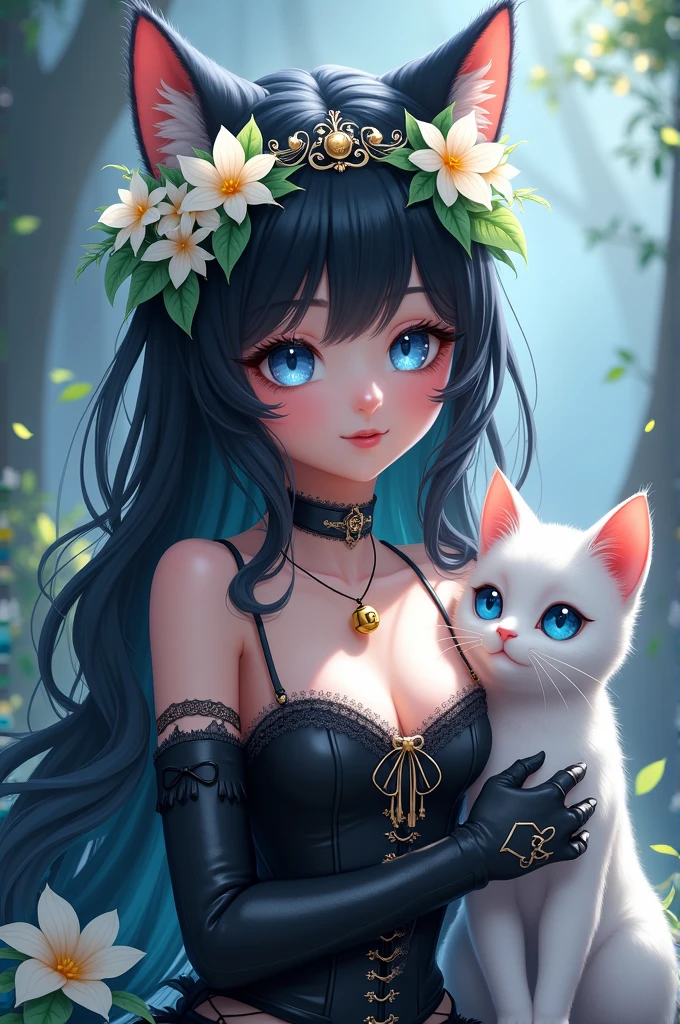 white foot, blue eye color, long black hair with cat ears and piecipg in the ears, tiara of white stars, white flowers with leaves above the ears, necklace with a yellow bell, black corcet with a small white bow on the chest , black arm warmers in the shape of a cat, a white cat next to it
