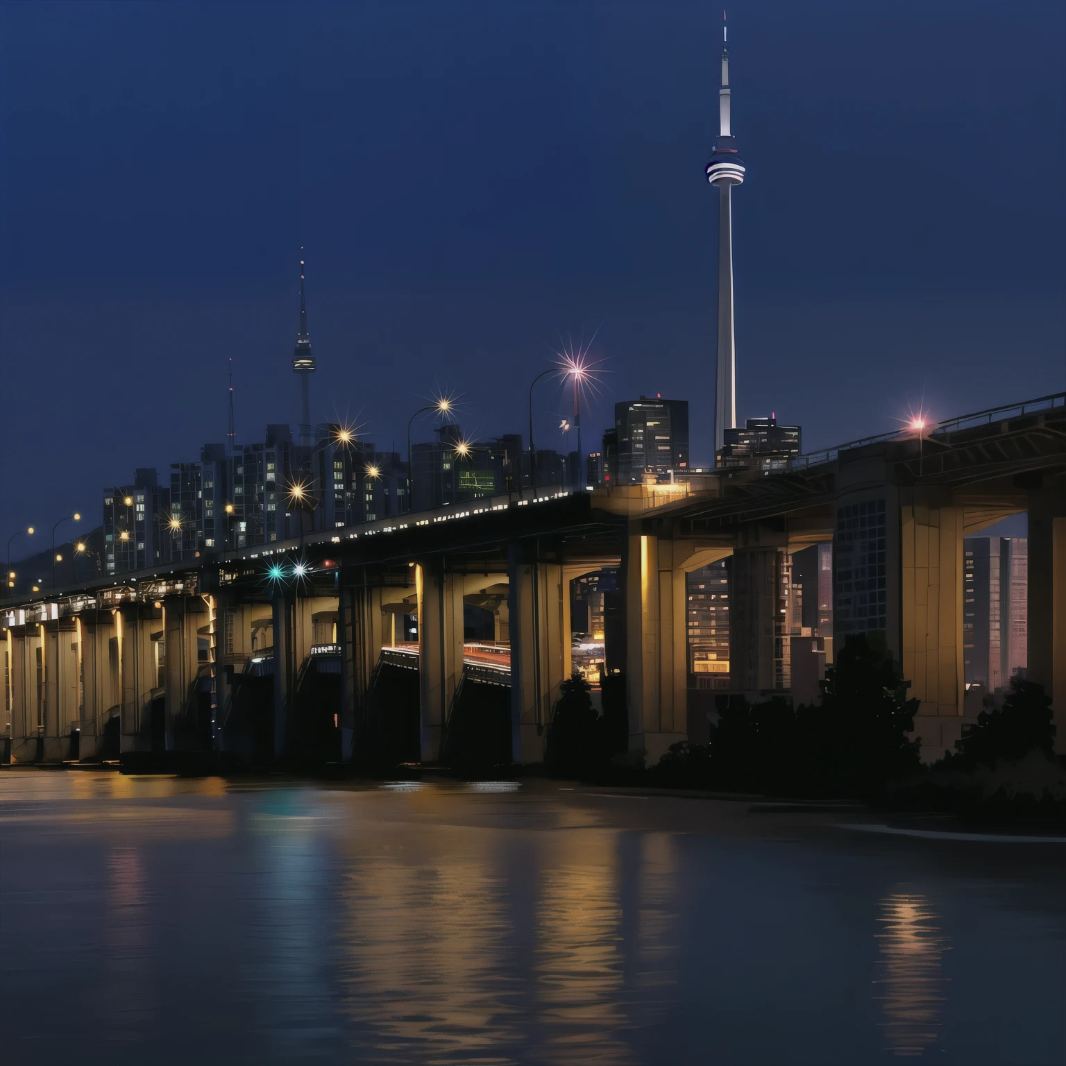 arafed bridge over a river with a city in the background, cn tower, toronto city, toronto, lights in distance, tall bridge with city on top, the city of toronto, city lights in the background, taken with sony a7r camera, professional master piece, from the distance, taken with canon eos 5 d, night lights