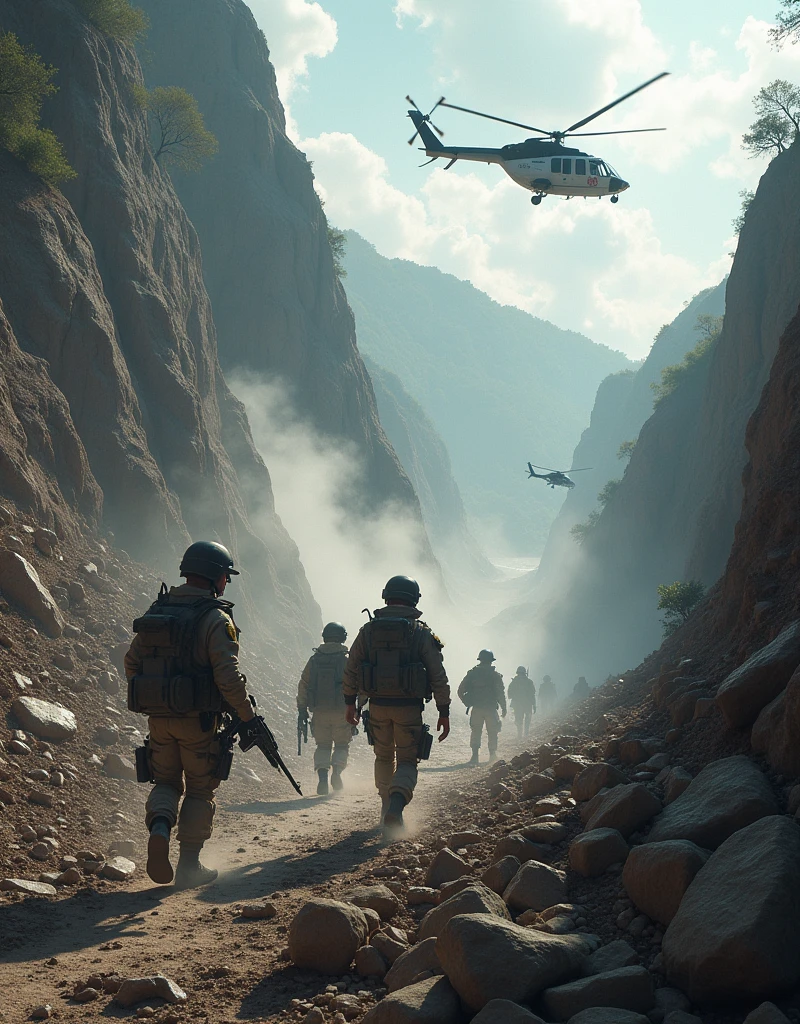 Create a reality picture of the most biggest
landslide in village.some soldiers are searching traped peoples.flying 2 helicpter and waiting peoples ambulance