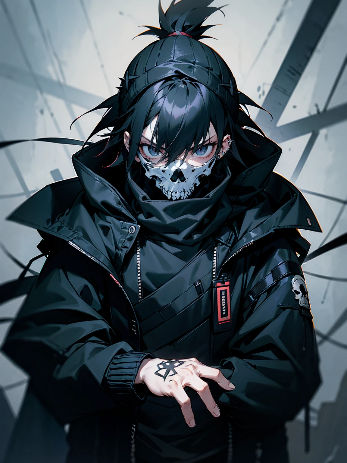 1male, adult, messy hair, black hair, spiky hair, beanie, hood on head, black eyes, skull mask, eye piercing, lazy expression, serious expression, black techwear jacket, black sweatpants, lean build