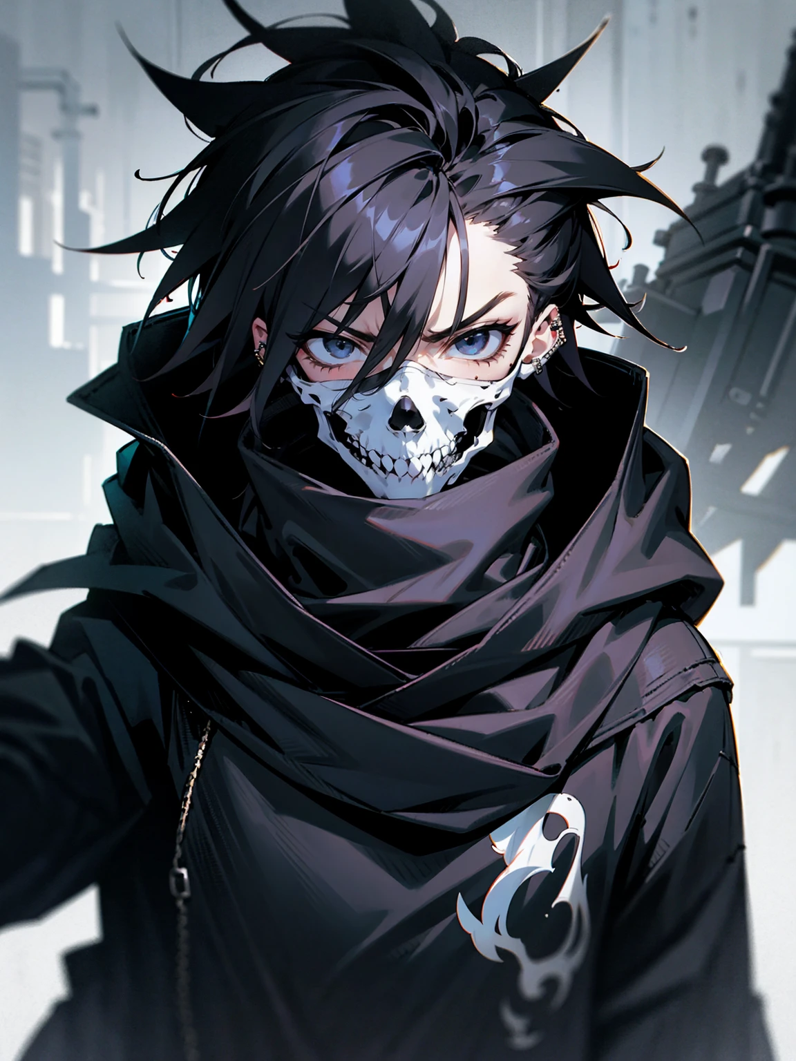 1male, adult, messy hair, black hair, spiky hair, beanie, hood on head, black eyes, skull mask, eye piercing, lazy expression, serious expression, black techwear jacket, black sweatpants, lean build