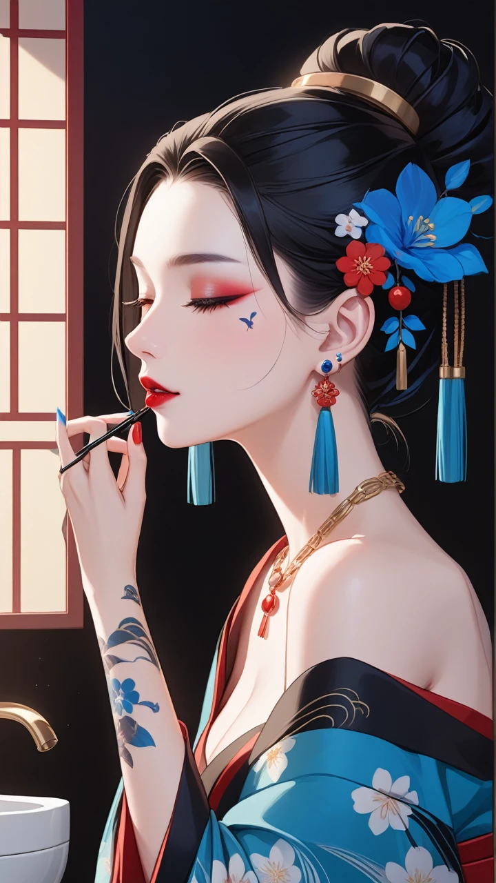 XUER poster art,1girl,solo,breasts,black hair,hair ornament,long sleeves,bare shoulders,jewelry,closed mouth,closed eyes,upper body,sidelocks,earrings,japanese clothes,hand up,hair flower,wide sleeves,kimono,necklace,off shoulder,nail polish,fingernails,toilet,profile,facial mark,ring,lipstick,black background,tassel,pale skin,eyeshadow,blue nails,long fingernails,beans,blue flower,shawl,forehead mark,nose,sharp fingernails,red lips,eyeliner,arm tattoo,shoulder tattoo,hair pulled back,mascara,udo,