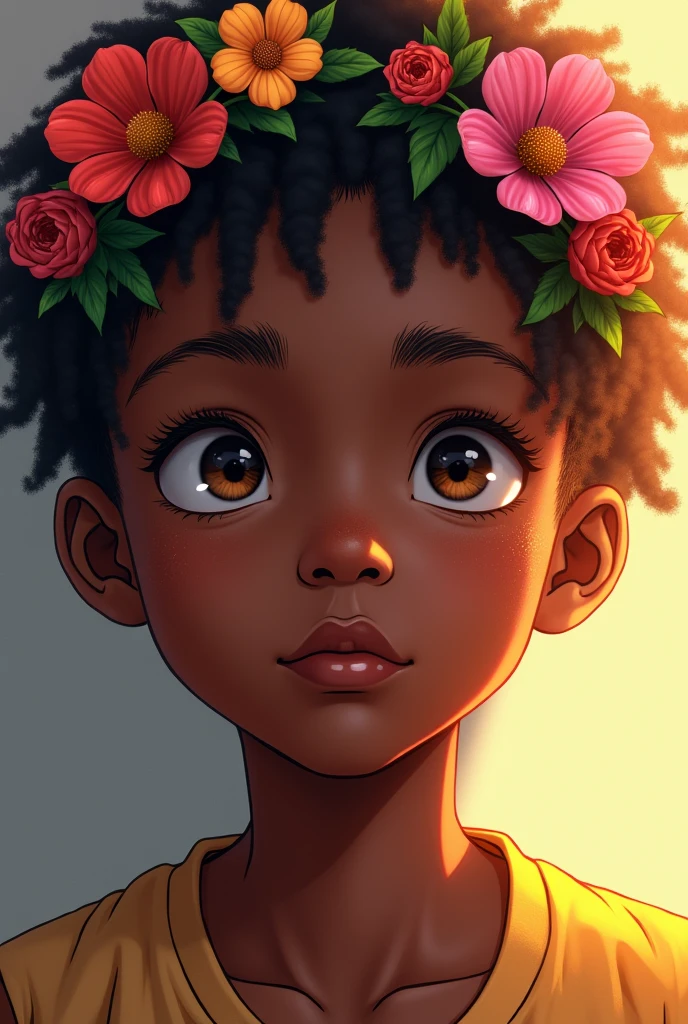 Create me a logo of a black-skinned boy with curly hair and a golden animated hunter mask