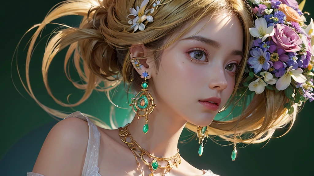 32K, 最高quality, 最高masterpiece, (ultra-Detailed Background, Detailed Background), High resolution, Super detailed, Very detailedな, One girl, (bouquet:1.3), (Tangled:1.2), (Geometric:1.2),(colorful),(masterpiece, quality, best quality, Official Art, Beautiful and beautiful:1.2), (1 girl:1.3), Very detailed,(colorful:1.1)(Flowers:1.3),Most detailed,(Tangled:1.2), whole body, (Abstract background:1.3), (Skin glows), (Many colors:1.4), ,(Earrings Jewelry:1.5), Light green background,
