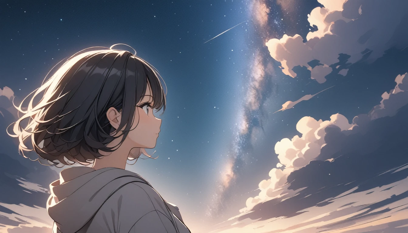 Starry Sky、milky way、One woman、Black Hair、Short Hair、Hair blowing in the wind、profile、Wearing a hoodie、Back view、Upper Body、Low - Angle