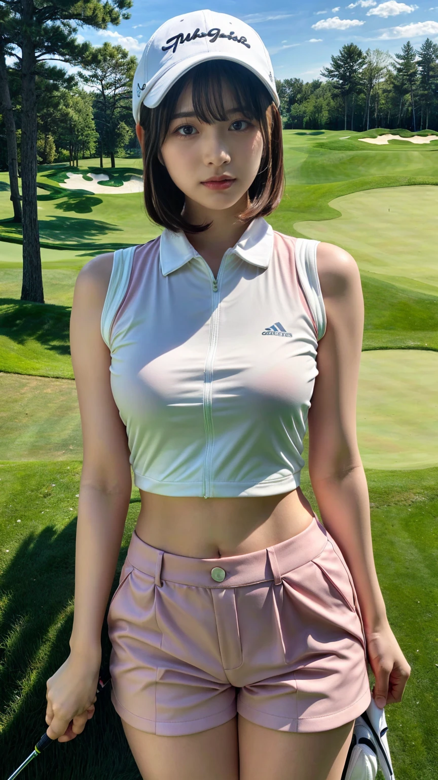 masterpiece, best quality, illustration, Super detailed, fine details, High resolution, 8K,wall paper, perfect dynamic composition,(Details High quality, realistic depiction of eyes:1.3), BREAK (perfect authentic golf wear:1.3)、(Beautiful white and pink gradation golf wear with a stylish design:1.2)、(White and pink gradation golf wear:1.3)、(shorts:1.3)、 (golf cap:1.3), sitting, open legs, short bob hair, deep on field, (large breasts:1.2), black hair color, Big Natural Color Lip, (perfect body shape), crying a little、Harajuku style、20 year old girl、cute type、beautiful legs, Gravure Idol