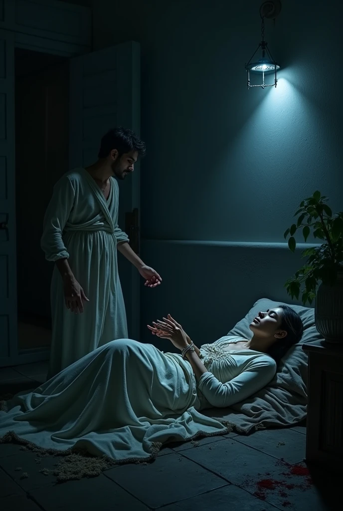 "A sinister nighttime scene where the young man, with a cold expression, murders Ratnavati as she sleeps. He is shown stealing her jewelry in the dimly lit room, with the moonlight casting eerie shadows on the walls."