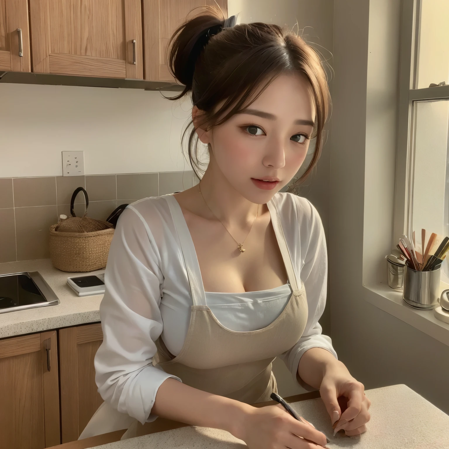 (Highest quality, 8k, masterpiece: 1.3), ponytail、Beautiful woman with perfect figure: 1.2,Wear a pendant, Wearing an apron, In the kitchen, Highly detailed face and skin, Detailed eyes, double eyelid, Big Breasts