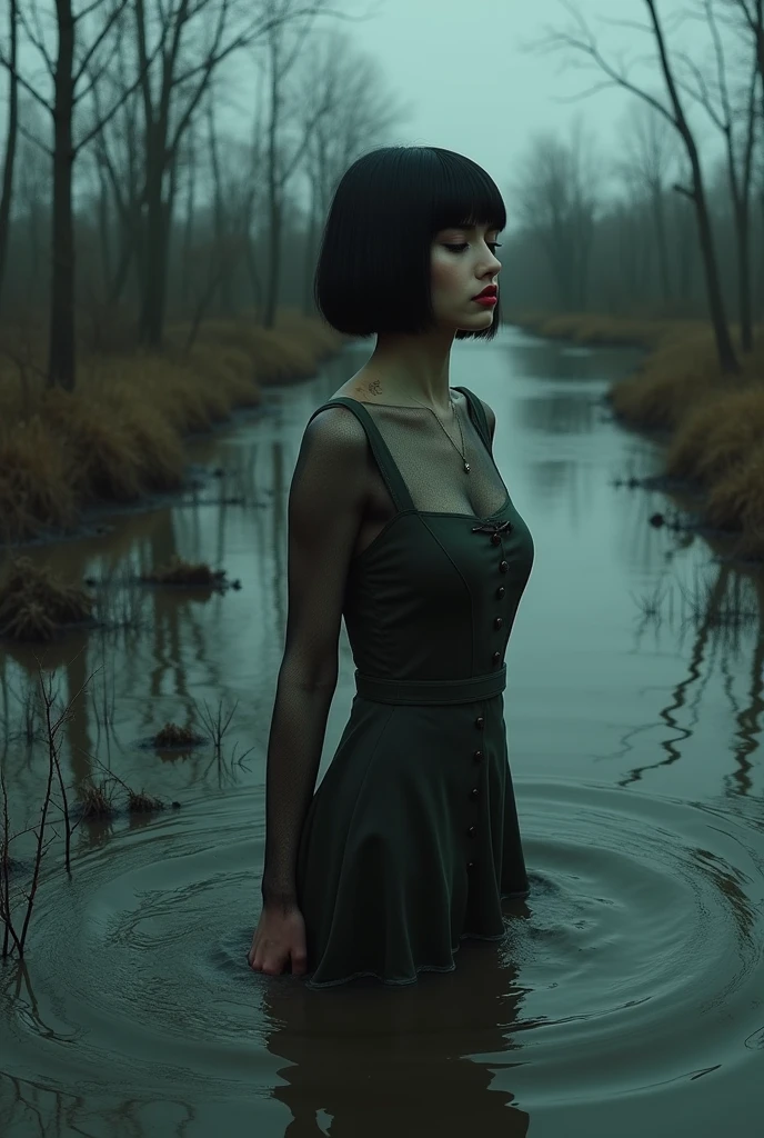 woman stuck in bog, psychological drama, dress, bob-cut, nylon stockings, red lips