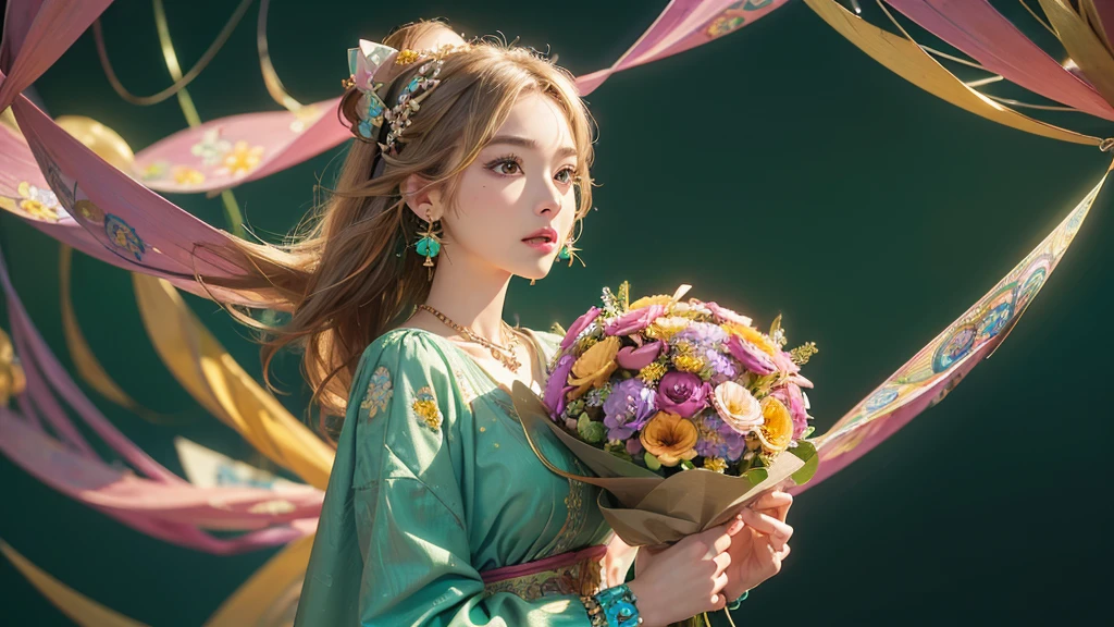 32K, 最高quality, 最高masterpiece, (ultra-Detailed Background, Detailed Background), High resolution, Super detailed, Very detailedな, One girl, (bouquet:1.3), (Tangled:1.2), (Geometric:1.2),(colorful),(masterpiece, quality, best quality, Official Art, Beautiful and beautiful:1.2), (1 girl:1.3), Very detailed,(colorful:1.1)(Flowers:1.3),Most detailed,(Tangled:1.2), whole body, (Abstract background:1.3), (Skin glows), (Many colors:1.4), ,(Earrings Jewelry:1.5), Light green background,