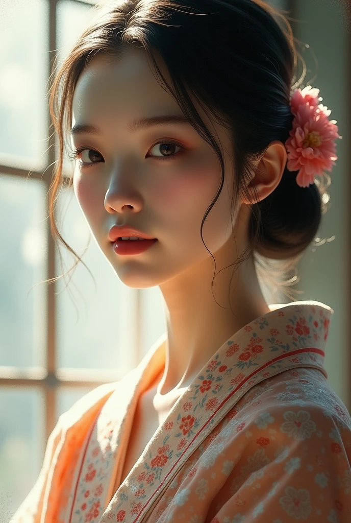 An elegantly dressed Japanese woman in natural light、A close-up of her chest and calm expression.、It shows her inner peace and outer charm.。
