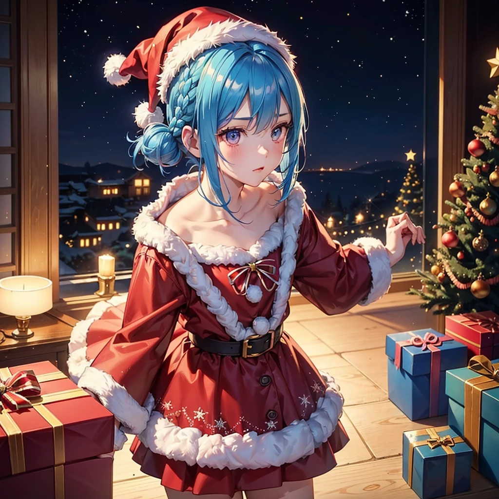 (Sky blue hair),(Braided short hair), (Pink Eyes),Fair skin) ,(whole body),(One Girl),(Gift boxes filling the background),(Santa Claus clothes),Santa Claus hat,(Christmas Party),(masterpiece, Highest quality, Very detailed, Best Shadow), (Detailed Background), (Beautifully detailed face), High Contrast, (Best lighting, Very delicate and beautiful), ((Cinematic Light)), Hyper Detail,8k, Dramatic Light, Intricate details,night,Christmas tree