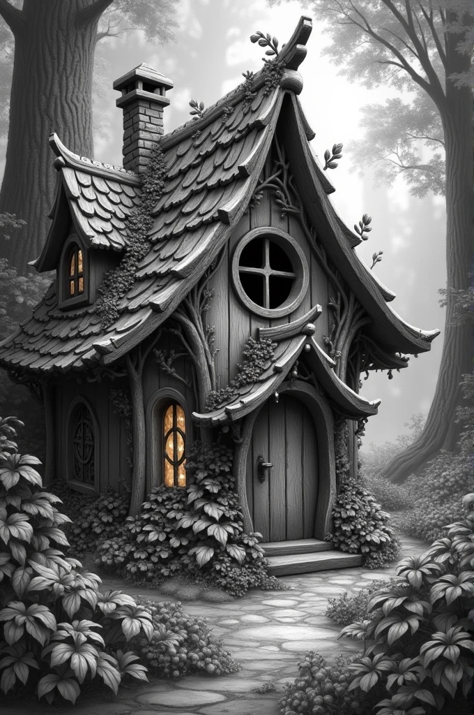 Fairy house nature background high details black and white