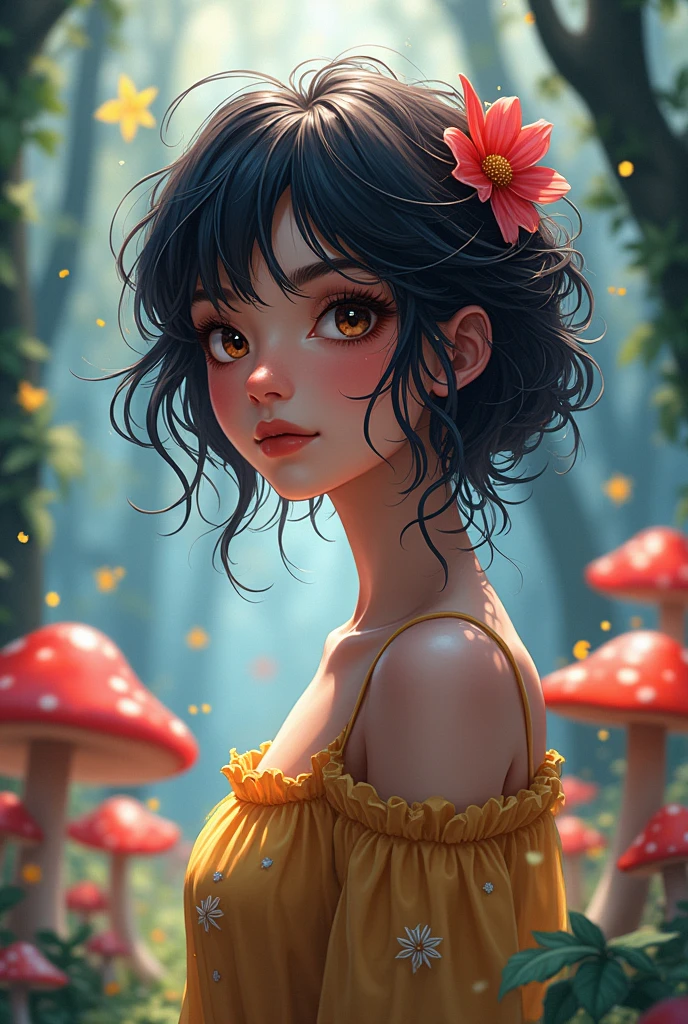 nahida (masterpiece), (best quality), (ultra detailed),(disheveled hair),(illustration), (1girl), beautifuldetailedeyes,delicate beautiful face,Floating,(high saturation),(colorful splashes),colorful bubble,(shining),focus on face, walking in a forest full of colorful mushrooms