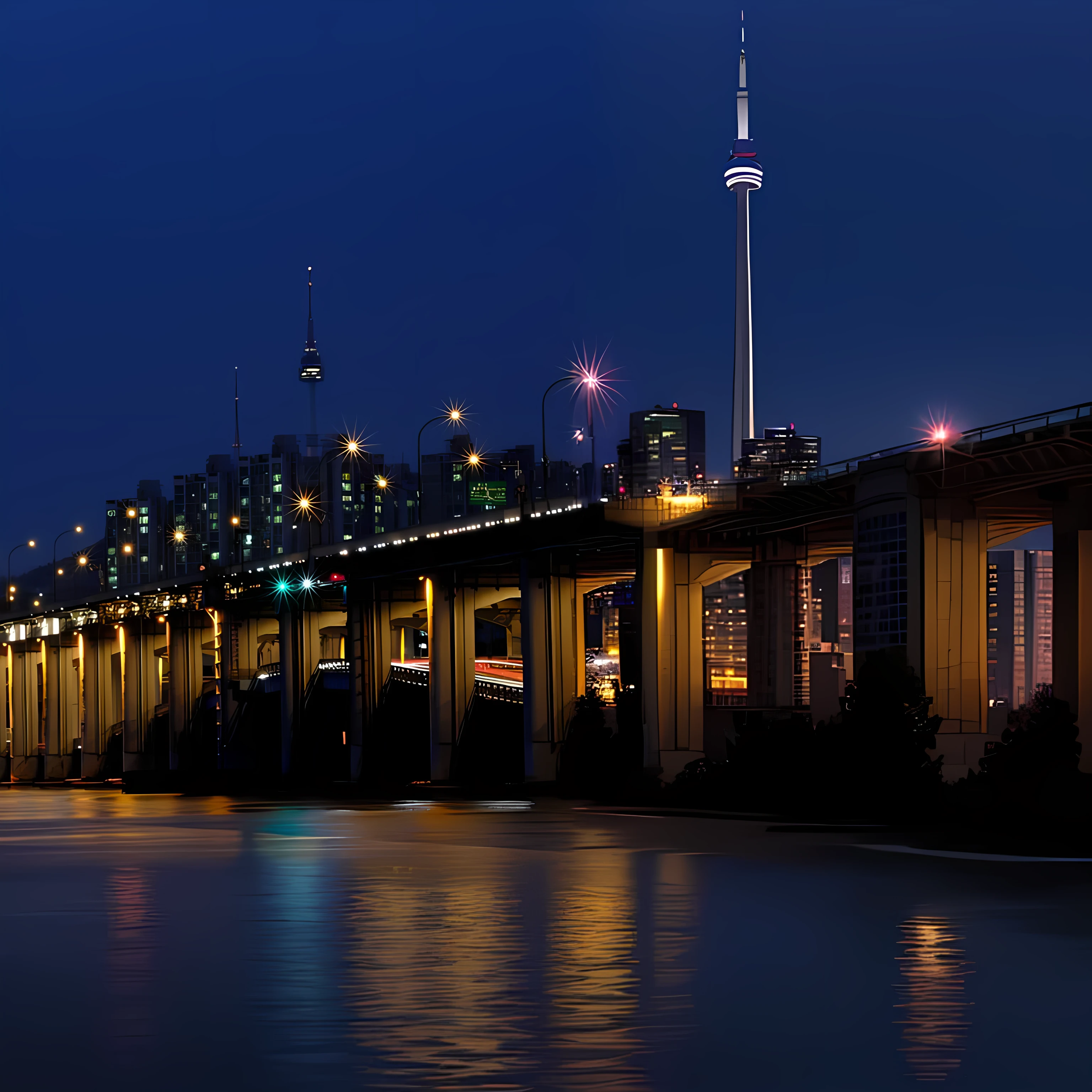 arafed bridge over a river with a city in the background, cn tower, toronto city, toronto, lights in distance, tall bridge with city on top, the city of toronto, city lights in the background, taken with sony a7r camera, professional master piece, from the distance, taken with canon eos 5 d, night lights