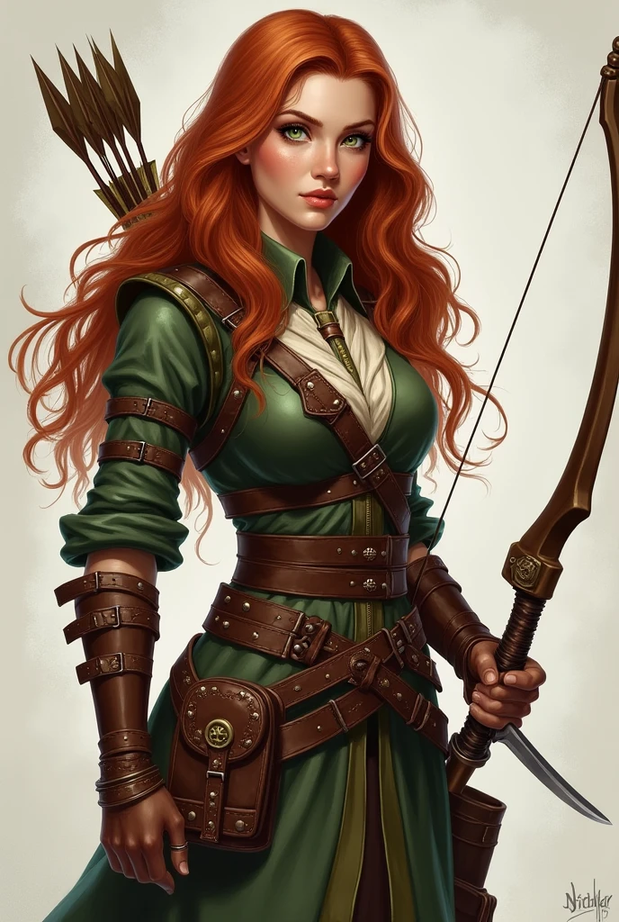 A female human ranger with long, flowing auburn hair and striking green eyes. She wears a fitted leather armor adorned with various pouches and a quiver of arrows slung across her back. Her attire is practical yet stylish, allowing for agility in combat. Lila carries a finely crafted longbow and a pair of daggers at her belt, ready for any challenge that comes her way.