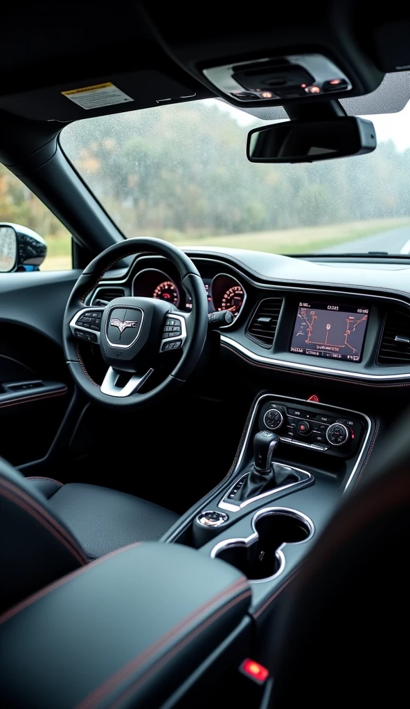 The interior of a black Dodge Challenger focusing on the steering wheel and dashboard, with a light drizzle outside visible through the windshield.