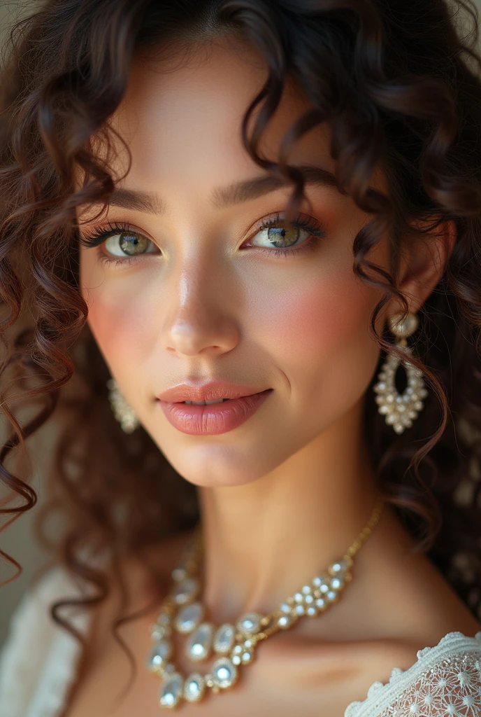 Woman beauty, manhwa style, a lot of details, good detailing, beautiful makeup, jewelry, crystal and precious stone jewelry, eyelashes, expression, full view, hairstyle, curly locks, textured. Aesthetic. Colorful.