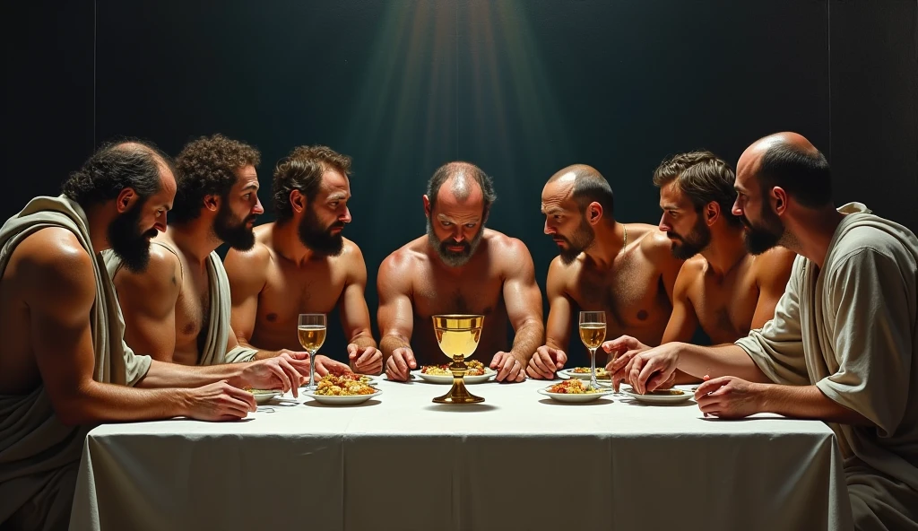 A painting of 12 men at the Last Supper, allegedly painted by Van Gogh、Wearing clothes、It depicts a simple meal and the Holy Grail.、night ((Anatomically correct,Surrealism, uhd, retina, accurate, anatomically correct, textured skin, super detail, high details, best quality, 8k))
