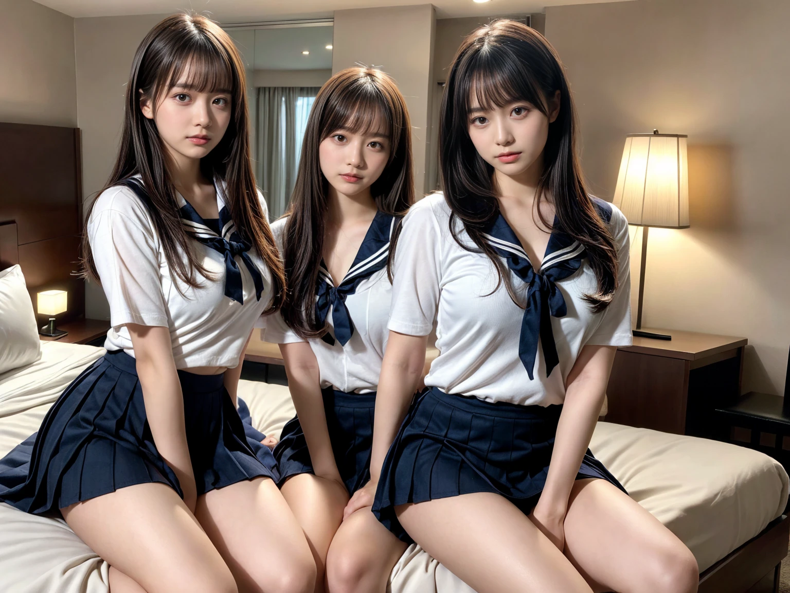 masterpiece, best quality, illustration, Super detailed, fine details, High resolution, 8K,wall paper, perfect dynamic composition,(Details High quality, realistic depiction of eyes:1.3), (3 girls), Black Sailor Uniform, serafuku, Navy pleated skirt, sitting, ?????????, short bob hair, in a hotel room in the background, deep on field, ?????????????, black hair color, Big Natural Color Lip, (perfect body shape), crying a little、Harajuku style、20 year old girl、cute type、beautiful legs, Gravure Idol