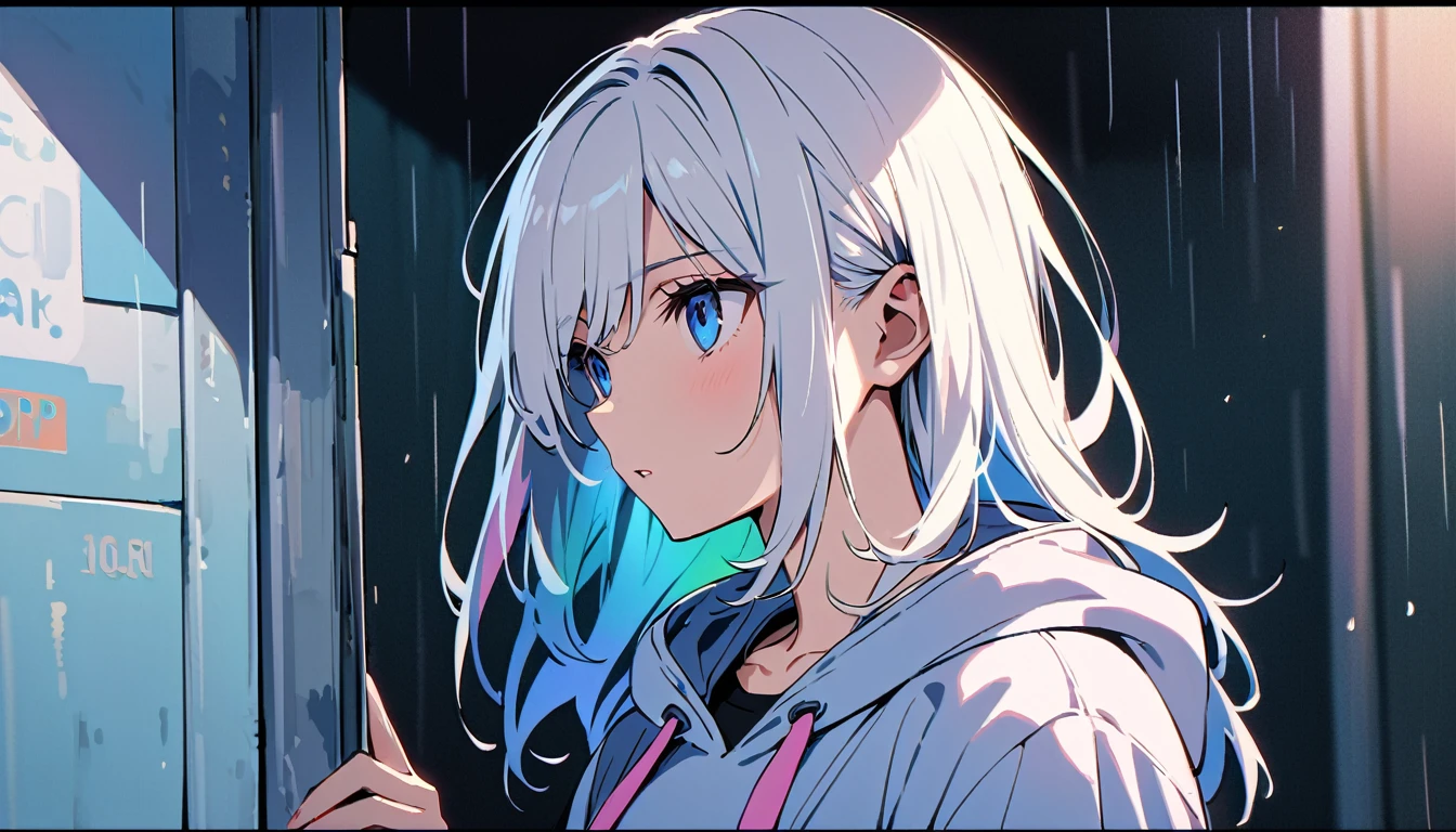 HD 8k Handsome sexy-cute, Solitary, 1 HD-8k Human focus female, looking away Medium Length Hair, white hair, Rainbow hair, Blue eyes, hoodie, colored hoodie, Big white t-shirt  background is Neo City-Pop Tokyo,　A white cat taking shelter from the rain