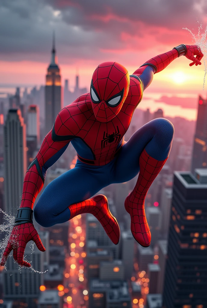 (best quality,4k,8k,highres,masterpiece:1.2),ultra-detailed,(realistic,photorealistic,photo-realistic:1.37),spiderman,spider man,superhero,Marvel character,New York City,skyscraper,tall building,cityscape,crowded streets,Central Park,beautiful skyline,NYC skyline,glimmering lights,night view,twinkling stars,crimson sunset,dark clouds,urban landscape,flying,webslinger,red and blue costume,mask,webs,swinging,action-packed,tense atmosphere,intense gaze,muscular physique,heroic pose,adrenaline rush,incredible strength,towering heights,excitement,adventure,thrilling experience,gravity-defying,fast-paced,dynamic movement,acrobatic,energetic,jaw-dropping action,exhilarating,hypnotic spectacle,awe-inspiring marvel,colorful visuals,dramatic lighting,epic scene,spectacular display of power,iconic superhero,defender of justice,protector of the innocent,amazing abilities,larger-than-life figure,metropolis,building rooftops,spectacular panorama,New York City's spirit,enthralling view