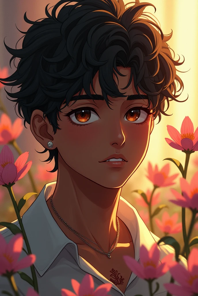 Dark skin aesthetic boy with sunlit piercing with anime flowers