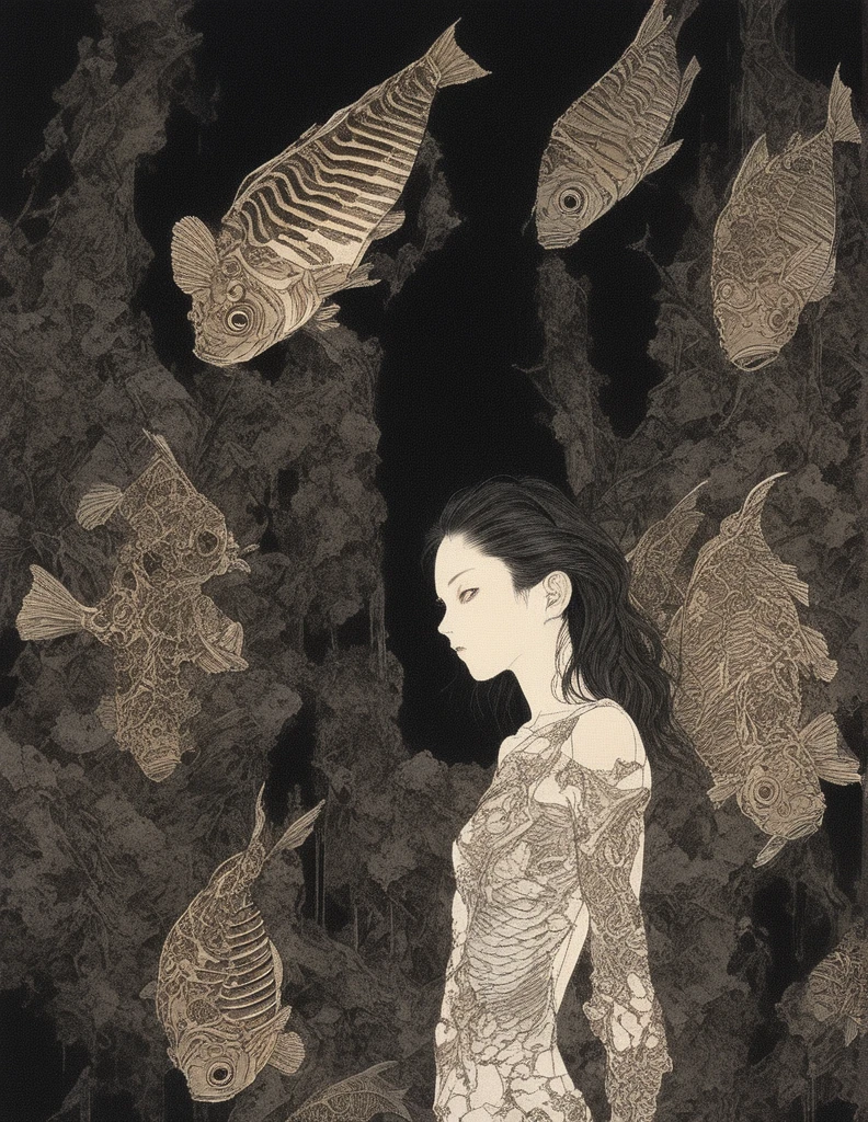 Takato Yamamoto style、Please generate an illustration of a beautiful girl observing an exhibition room in a museum filled with fish bone specimens. The main thing is fish specimens. The exhibition room is dark and only the fish bone specimens are lit up. Incorporate fantasy elements with magical landscapes. Please make it look like the key visual of the anime. --s 1000 --c 1 --style raw --no lowest detailed , lowest quality , poor illustration , flat , realistic