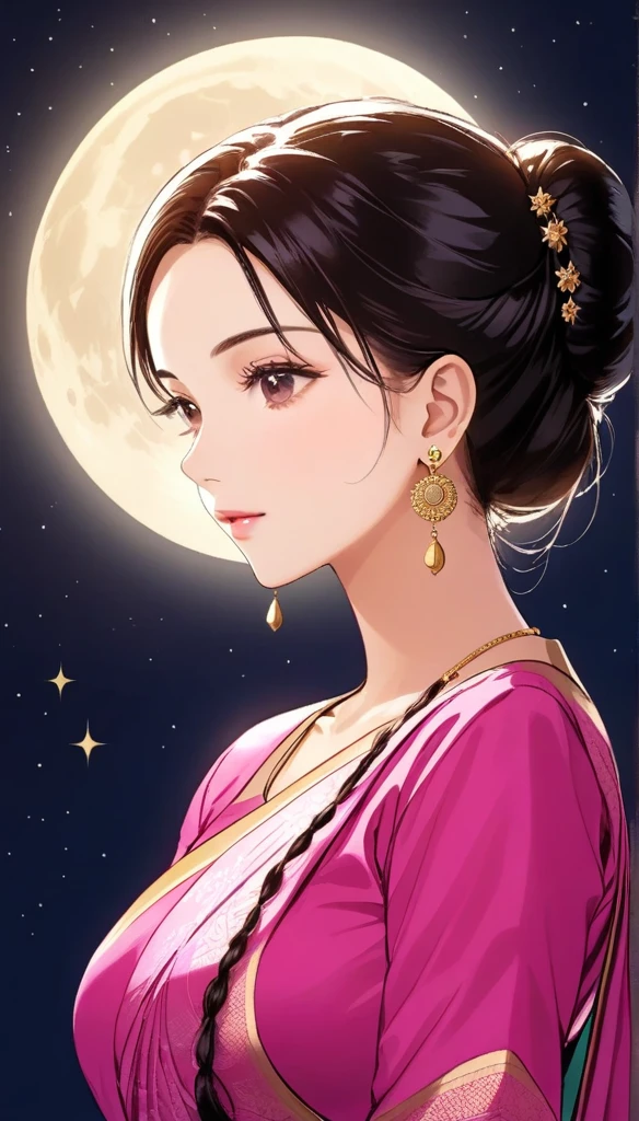 (1woman, mature, hair braid bun , full sleeve blouse pink bold saree, double heavy long moon and star jhumka earrings , detailed alluring