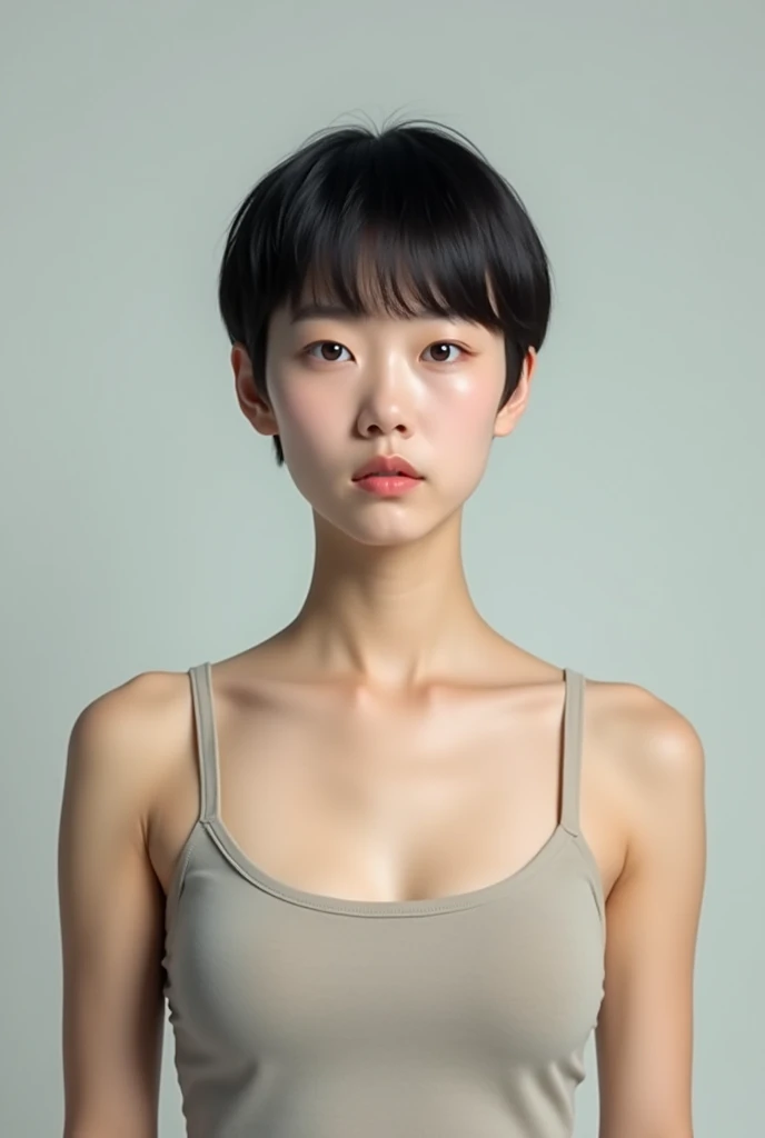 Japanese woman, 30 years old, pixie haircut, streight face showing no emotion, looking into camera, tank top, no bra, standing streight, frontal view, highly detailed face, high resolution, no make-up, photorealistic