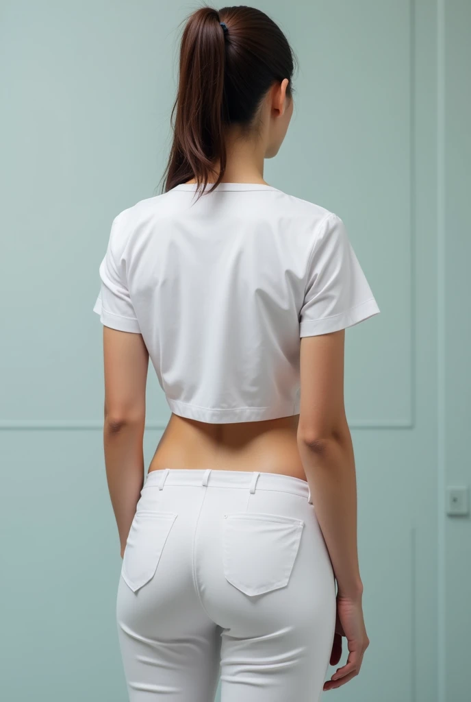 Generate an image of a female nurse in a white uniform, that his uniform is tight and that he is turning his back and that he is in his underwear.