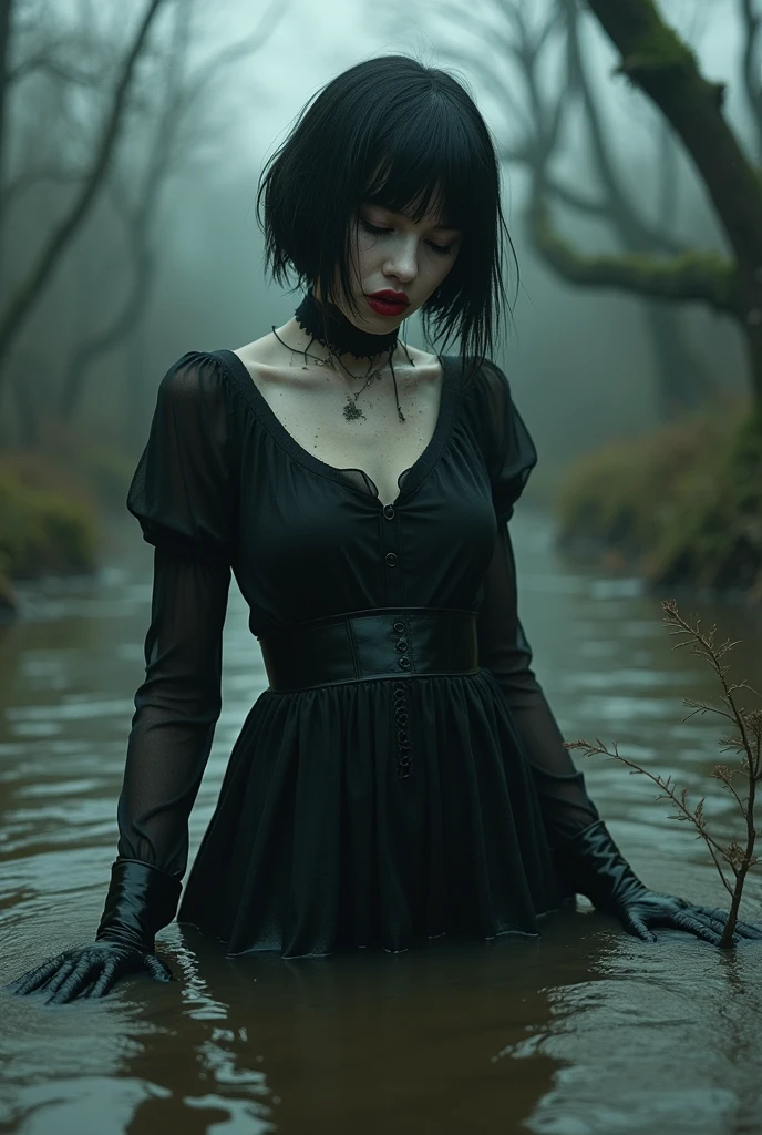 goth woman stuck in bog, psychological drama, dress, bob-cut, nylon stockings, red lips