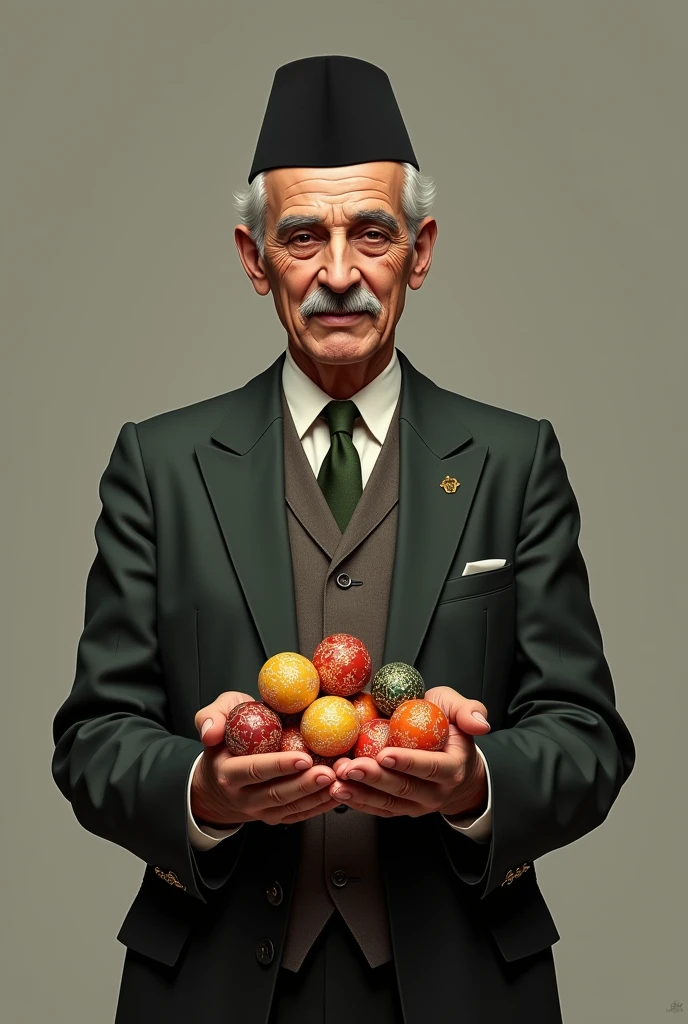 generate a realistic photo of Muhammad Ali Jinnah (founder of Pakistan) with a toy cracker balls in his hand
