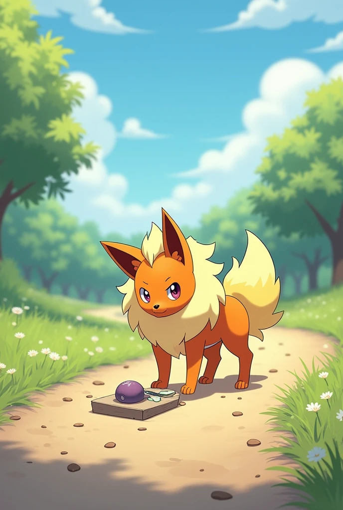 Create a cute image adding the phrase to the photo " What I pick up from the road" with the Pokémon Arcanine