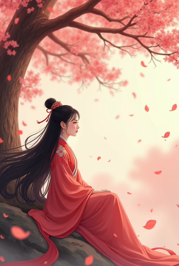 View from the front,Chinese ancient costume scenery, A girl ,Long hair flying in the wind,Big eye, Sitting under the peach tree, Peach tree full of blossoms ,Peach petals fly across the sky