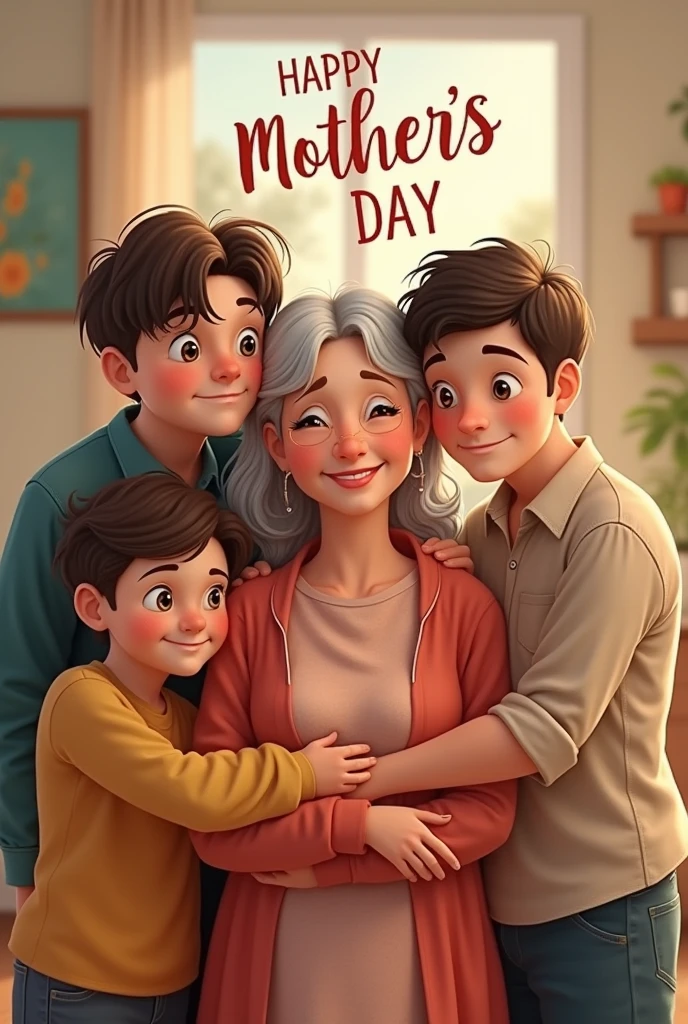 Happy Mother&#39;s Day โดยมีลูกชาย3คนดังนี้
คนที่ 1 อายุ 33 ปี
คนที่ 2 อายุ 24 ปี
คนที่ 3 อายุ 22 ปี
แม่อายุ 66 ปี น้ำหนัก 83 กิโลกรัม
ใส่ข้อความ "Happy Mother&#39;s Day" rin