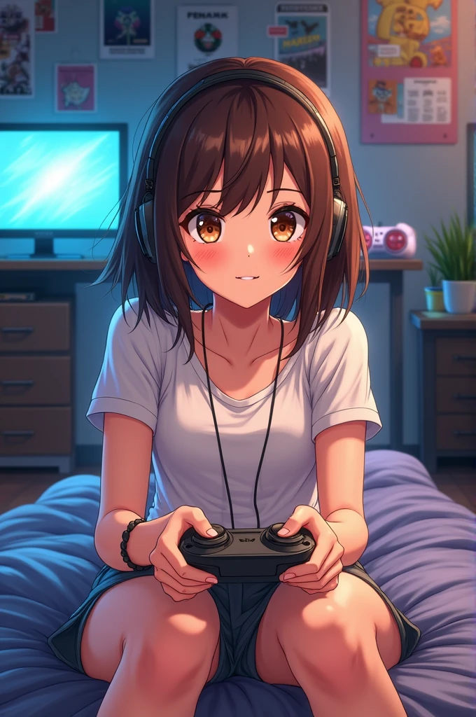 Anime gamer girl with tanned skin,brown eyes ,brown hair,she is un her room and she Play with Game controllers