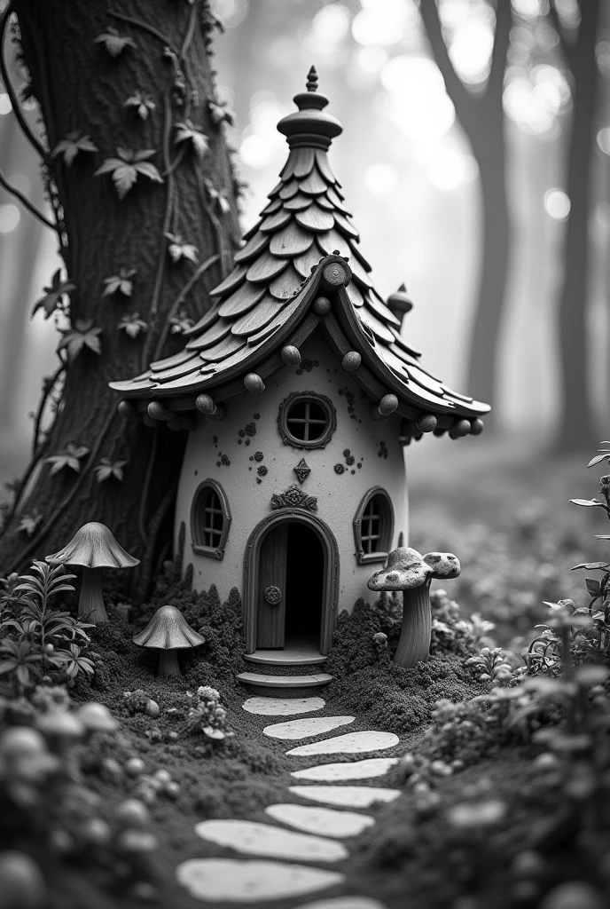 Fairy house nature background high details black and white
