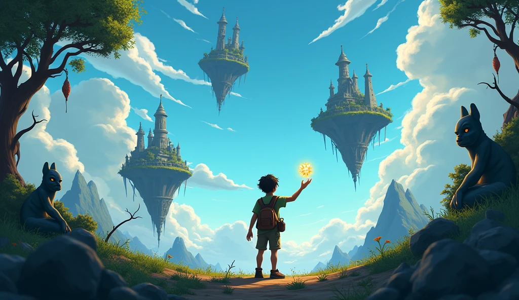 Narration:
Max finds himself in a new world, floating islands suspended in the sky, with the artifact still glowing in his hand. He smiles, ready for the next adventure.