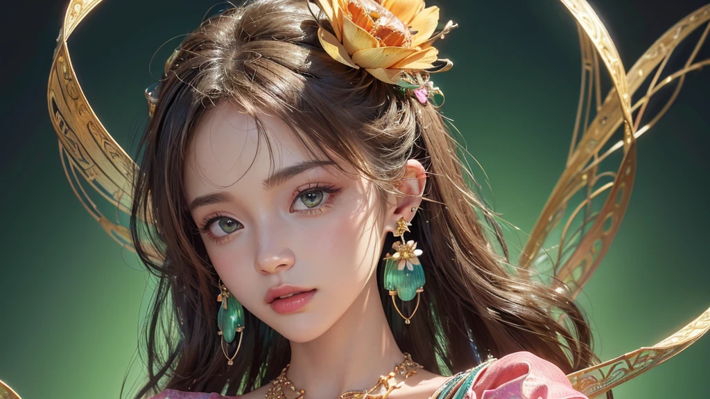 32K, 最高quality, 最高masterpiece, (ultra-Detailed Background, Detailed Background), High resolution, Super detailed, Very detailedな, One girl, (bouquet:1.3), (Tangled:1.2), (Geometric:1.2),(colorful),(masterpiece, quality, best quality, Official Art, Beautiful and beautiful:1.2), (1 girl:1.3), Very detailed,(colorful:1.1)(Flowers:1.3),Most detailed,(Tangled:1.2), whole body, (Abstract background:1.3), (Skin glows), (Many colors:1.4), ,(Earrings Jewelry:1.5), Light green background,