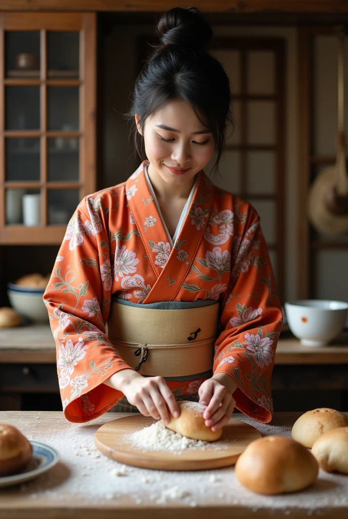 A woman wearing a kimono making bread