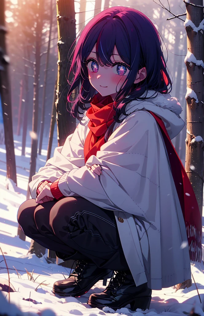 aihoshino, Ai Hoshino, Long Hair, bangs, (Purple eyes:1.1), Purple Hair, (Symbol-shaped pupil:1.5), smile,,smile,blush,white breath,
Open your mouth,snow,Ground bonfire, Outdoor, boots, snowing, From the side, wood, suitcase, Cape, Blurred, , forest, White handbag, nature, Squat, Mouth closed, Cape, winter, Written boundary depth, Black shoes, red Cape break looking at viewer, Upper Body, whole body, break Outdoor, forest, nature, break (masterpiece:1.2), Highest quality, High resolution, unity 8k wallpaper, (shape:0.8), (Beautiful and beautiful eyes:1.6), Highly detailed face, Perfect lighting, Highly detailed CG, (Perfect hands, Perfect Anatomy),